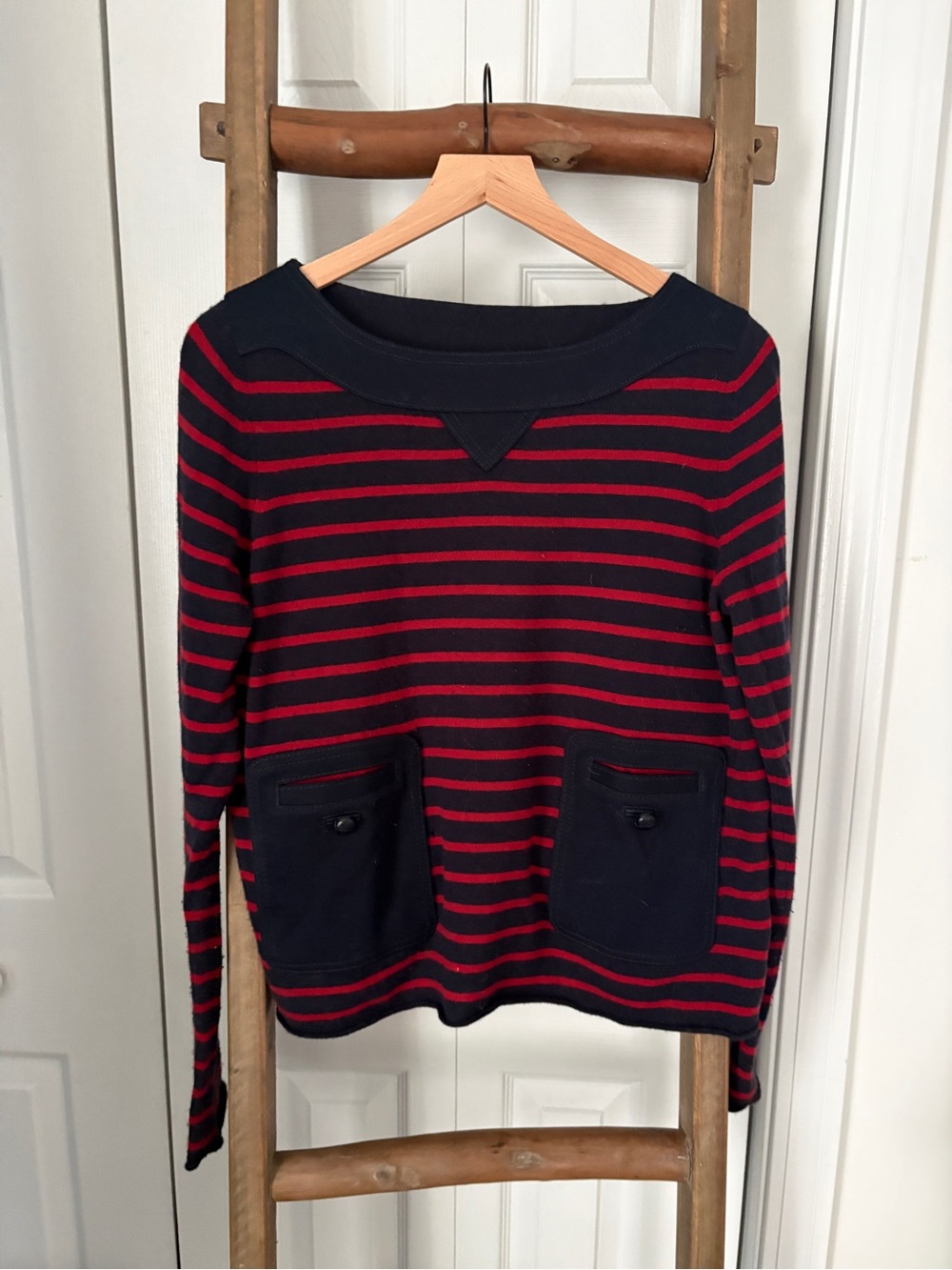 Tory Birch Cashmere Women’s Navy and Red Striped Sweater with Front Pockets